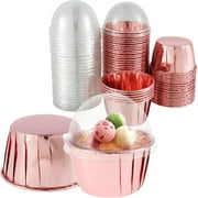 50pcs Foil Cupcake Liners with Lids Heat Resistant 5.5oz Aluminum Cake Cups Portable Foil Baking Cups Round Aluminum Muffin Liners Cupcake Holders Pans Easy to Use for Home Kitchen Wedding Party