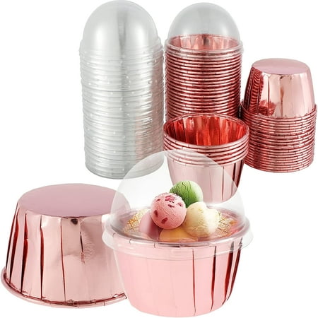 50pcs Foil Cupcake Liners with Lids Heat Resistant 5.5oz Aluminum Cake Cups Portable Foil Baking Cups Round Aluminum Muffin Liners Cupcake Holders Pans Easy to Use for Home Kitchen Wedding Party