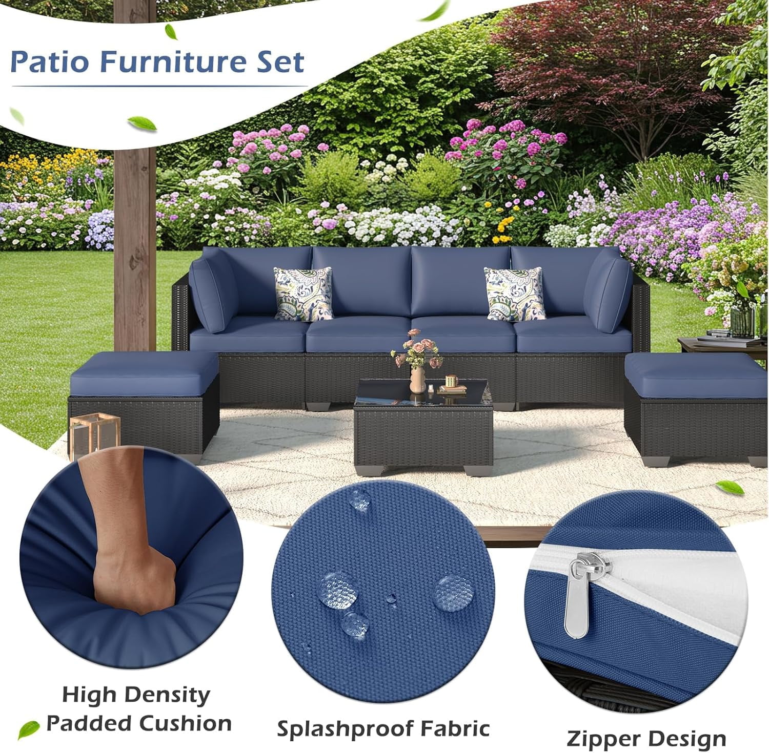 Danrelax 7-Piece Outdoor Sectional Sofa Patio Conversation Set, Black PE Rattan Wicker Furniture, Steel Frame in Dark Blue