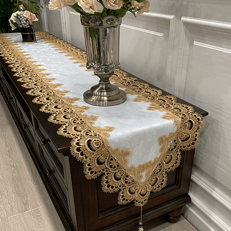 American Style Table Runner -  Lace Embroidered Rectangular Cover for Coffee Table, TV Stand & Dresser, Dustproof European Linen Tablecloth