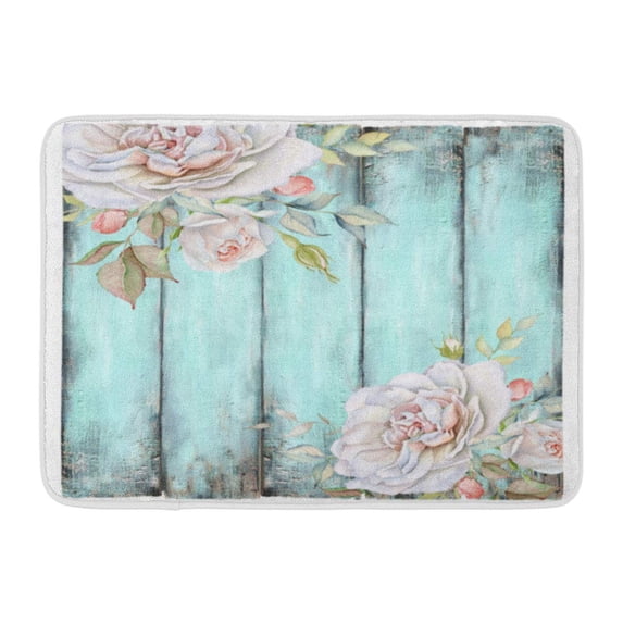 SIDONKU Watercolor Anniversary Vintage Turquoise Wooden White Rose Bouquets Arrangement Doormat Floor Rug Bath Mat 23.6x15.7 inch