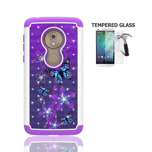 Phone Case for Straight TalkMoto g7 Optimo Prepaid Smartphone/ Moto G7 Play, Studded Rhinestone Crystal Bling Dual Layer Shockproof Cover Case (Purple-Blue Butterfly Tempered Glass)