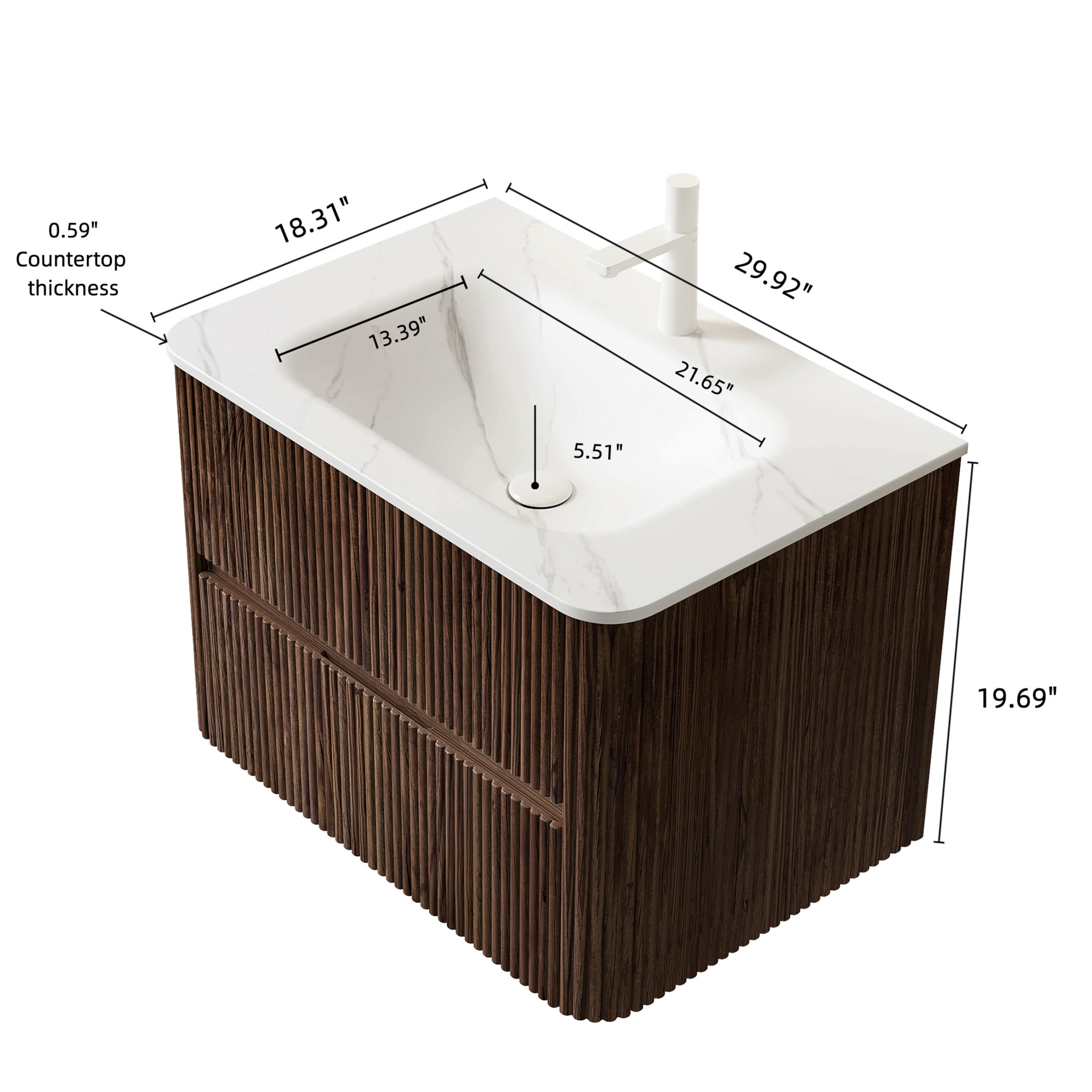Noble House Noor 30" Floating Bathroom Vanity with Seamless Sintered Stone Basin, Retro Soft-Close Drawers, Walnut
