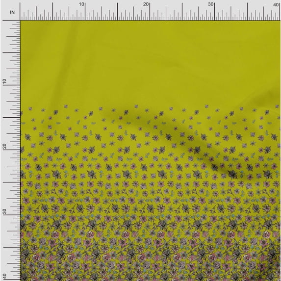 Soimoi Yellow Cotton Voile Fabric Leaves & Artistic Pink Floral Panel Print Fabric by Yard 42 Inch Wide