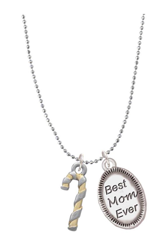 Two-tone 3-D Candy Cane Best Mom Ever Charm Necklace