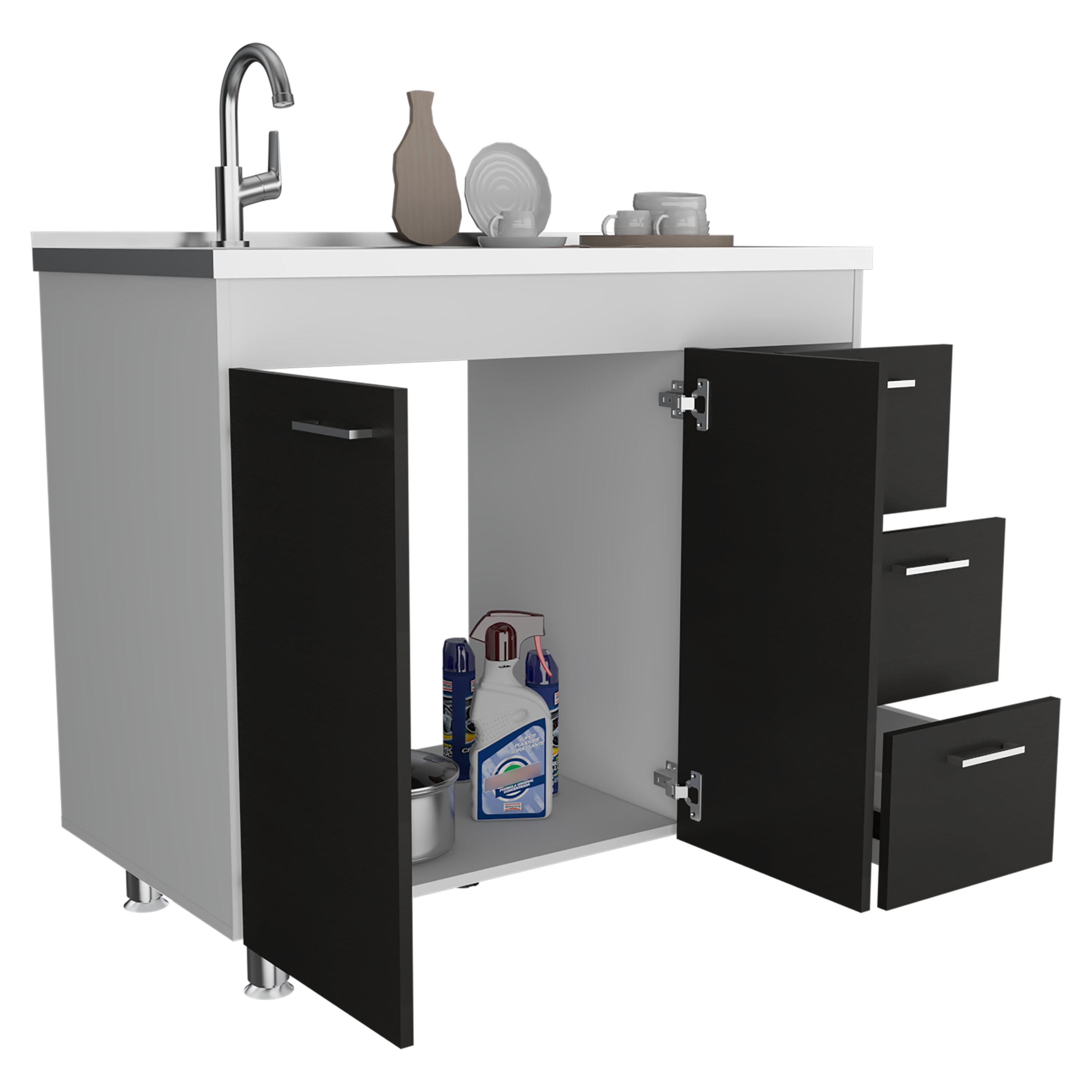 Rainlex 39" Freestanding Utility Sink Cabinet with Stainless Steel Countertop, Double Utility Basins, Soft-Close Storage Doors