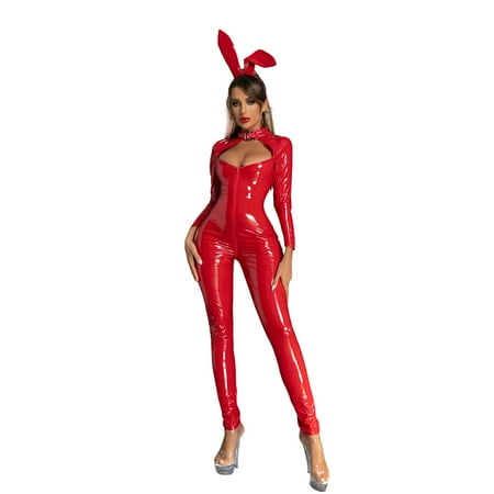 

Shiny Glossy Latex Leather Bodysuit Zip-Up Open Crotch Hollow Jumpsuit Lingerie