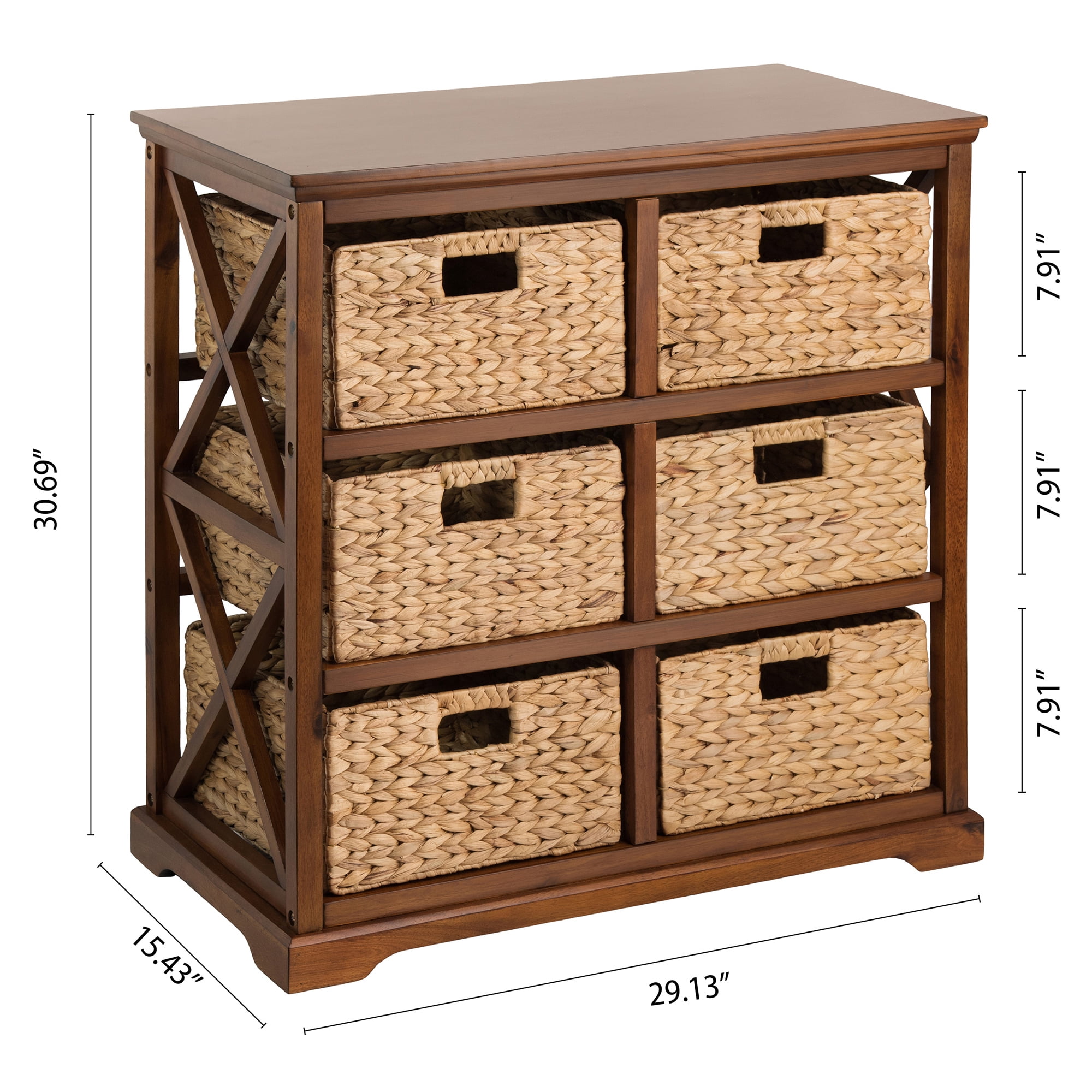 Hampton Meadows 3 Tier X-Side End Storage Cabinet with 6 Wicker Baskets, Walnut
