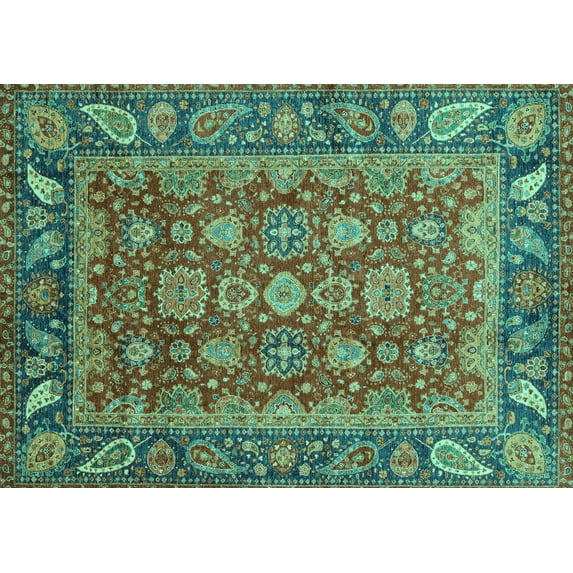 Ahgly Company Machine Washable Indoor Rectangle Oriental Turquoise Blue Traditional Area Rugs, 5' x 7'