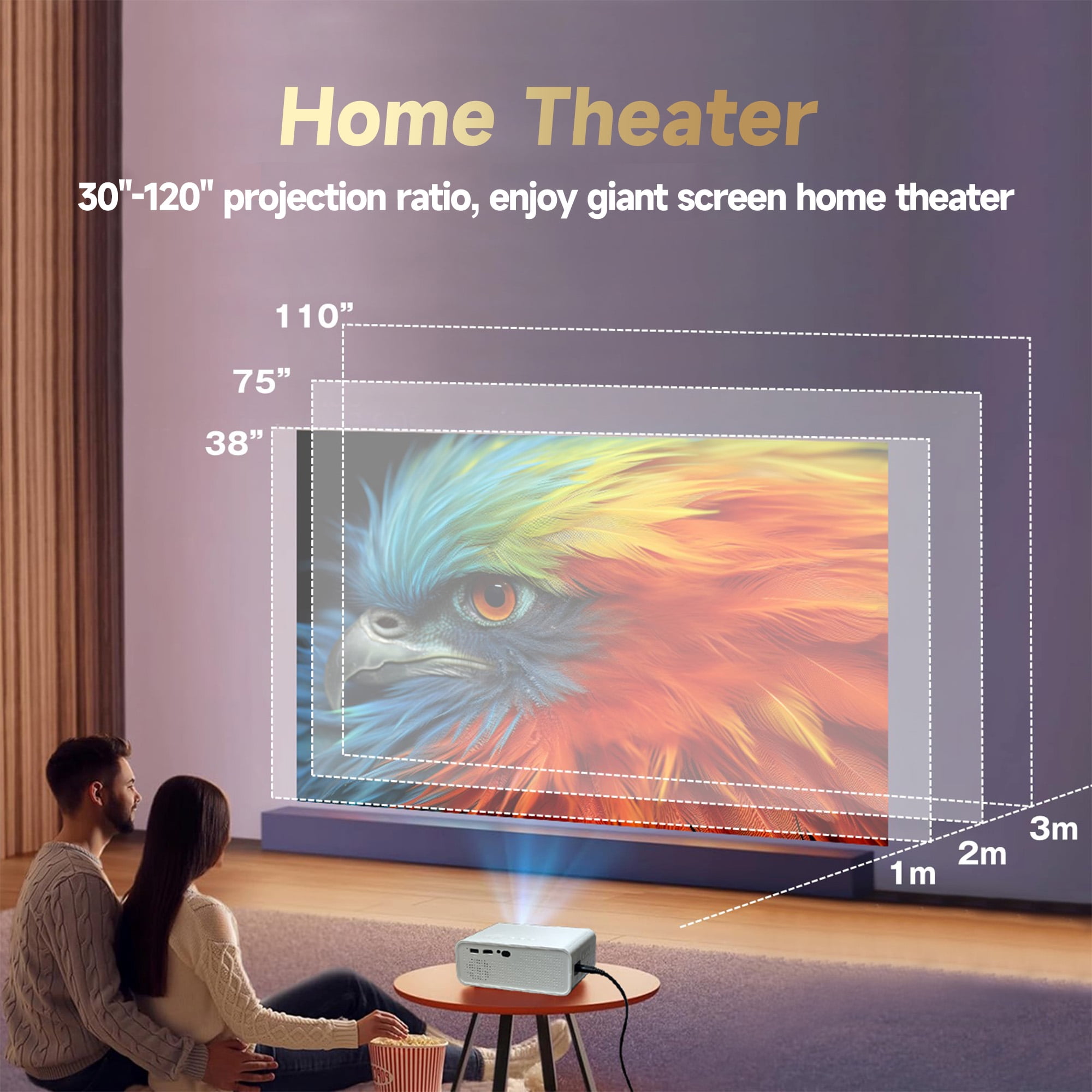 BDQ L012H Mini Projector, 1080P (Supports 4K), WiFi 6.2 dual-band, Bluetooth 5.2, Android 11, 170 ANSI, 120 in big screen, White