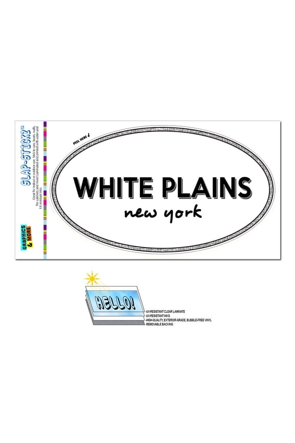 White Plains, NY - New York - Black and White - City State - Oval Laminated Sticker