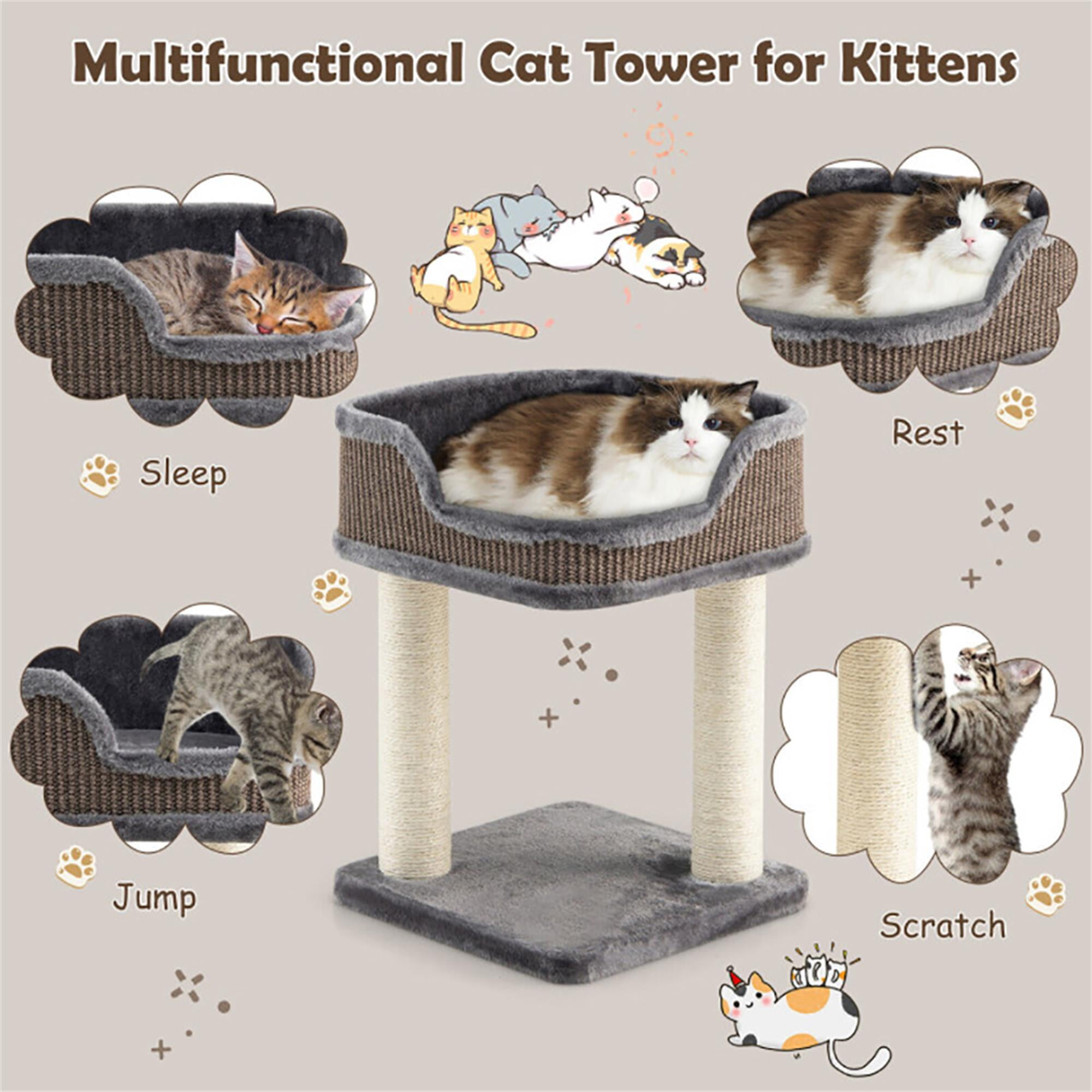Kadyn 16" Cat Tree Tower for Indoor Cats with Large Plush Perch, Natural Sisal Scratching Post for Small Cats, Gray