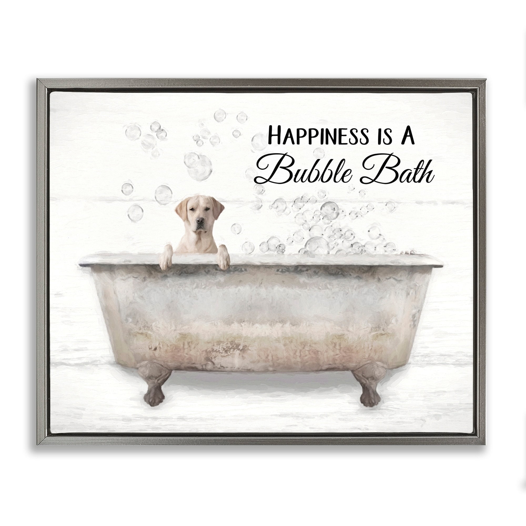 Stupell Industries Happiness Is A Bubble Bath Dog In Tub Word Design Luster Gray Framed Floating Canvas Wall Art, 16x20, by Lori Deiter