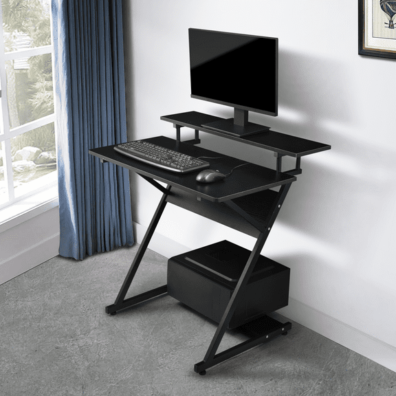 Magshion Standing Modern Computer Desk, Portable Laptop Table with Monitor Storage Shelf & Host Rack for Office, Black