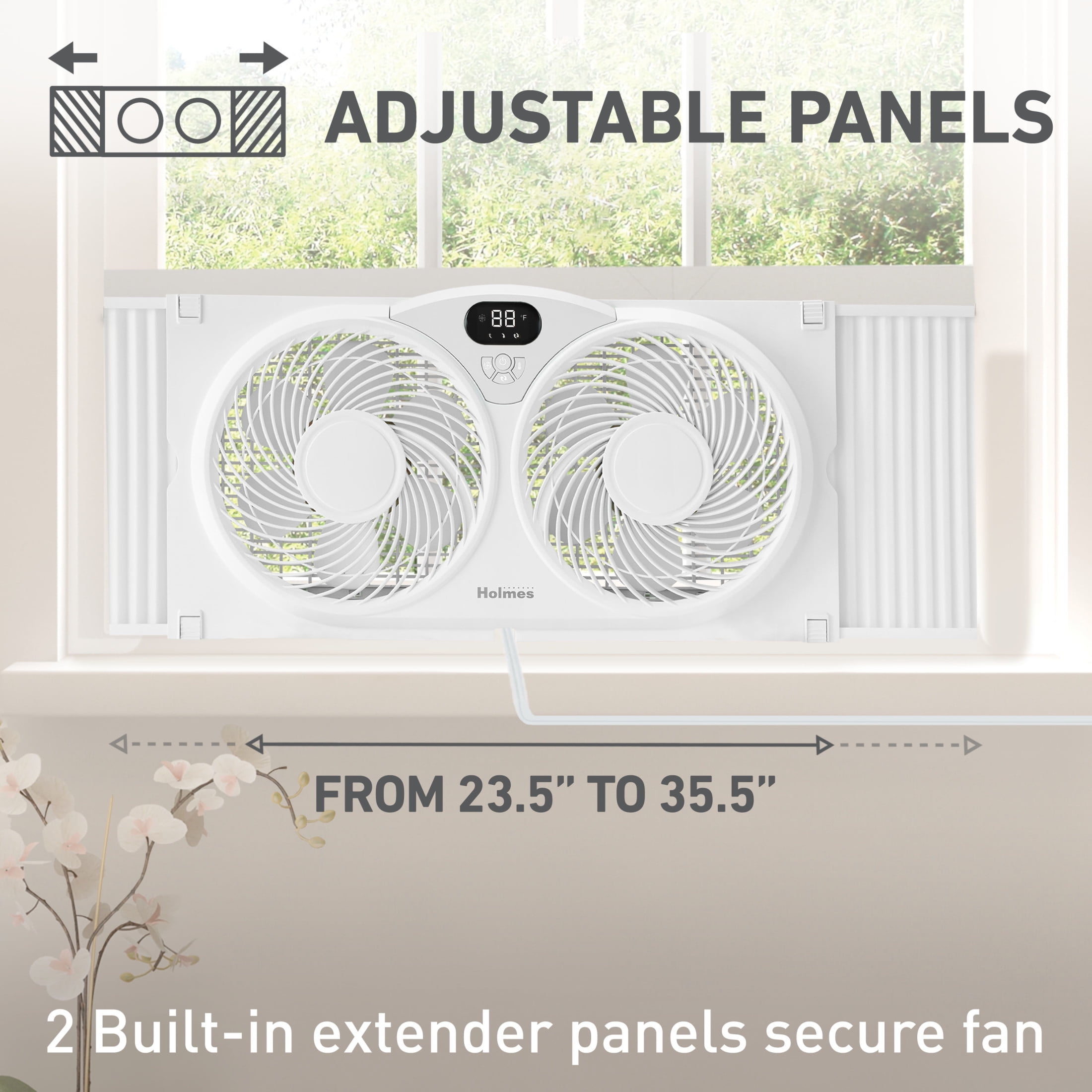 Holmes 9 Inch Digital Window Fan 3 Speed Thermostat Remote Reversible Twin Blades White