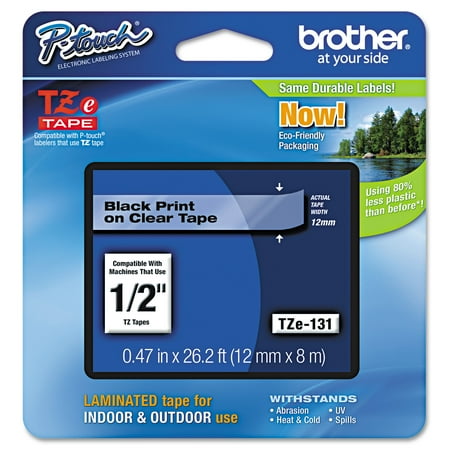 Brother P-Touch TZe Standard Adhesive Laminated Labeling Tape, 1/2"w, Black on Clear