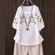 thumbnail image 2 of Blusas de Manga Corta para las Mujeres, Primavera Verano Suelto de Lino Cuello Redondo con Bordado Impreso, Casual, 2 of 3