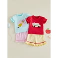 thumbnail image 3 of RUINIXCW Toddler Baby Girl Back to School Outfits Kids Girls Kindergarten Summer Clothes First Day of School Outfit Bow Bus Embroidery Short Sleeve T Shirt Tops and Striped Shorts Set, 3 of 9