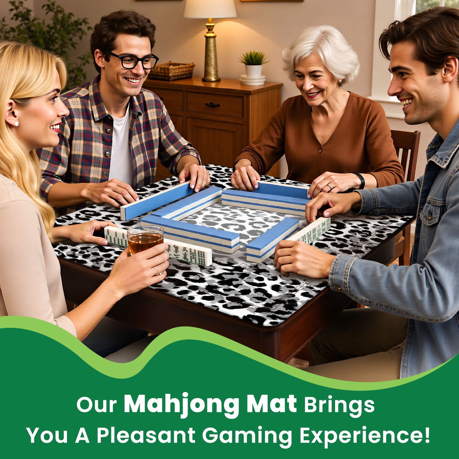 Mahjong Mat 31.5" x 31.5" repeating seamless snow leopard white leopard Non-Slip Noise Reduction American Mahjong Tiles Table Cover for Dominoes Poker Card Board Games Gift