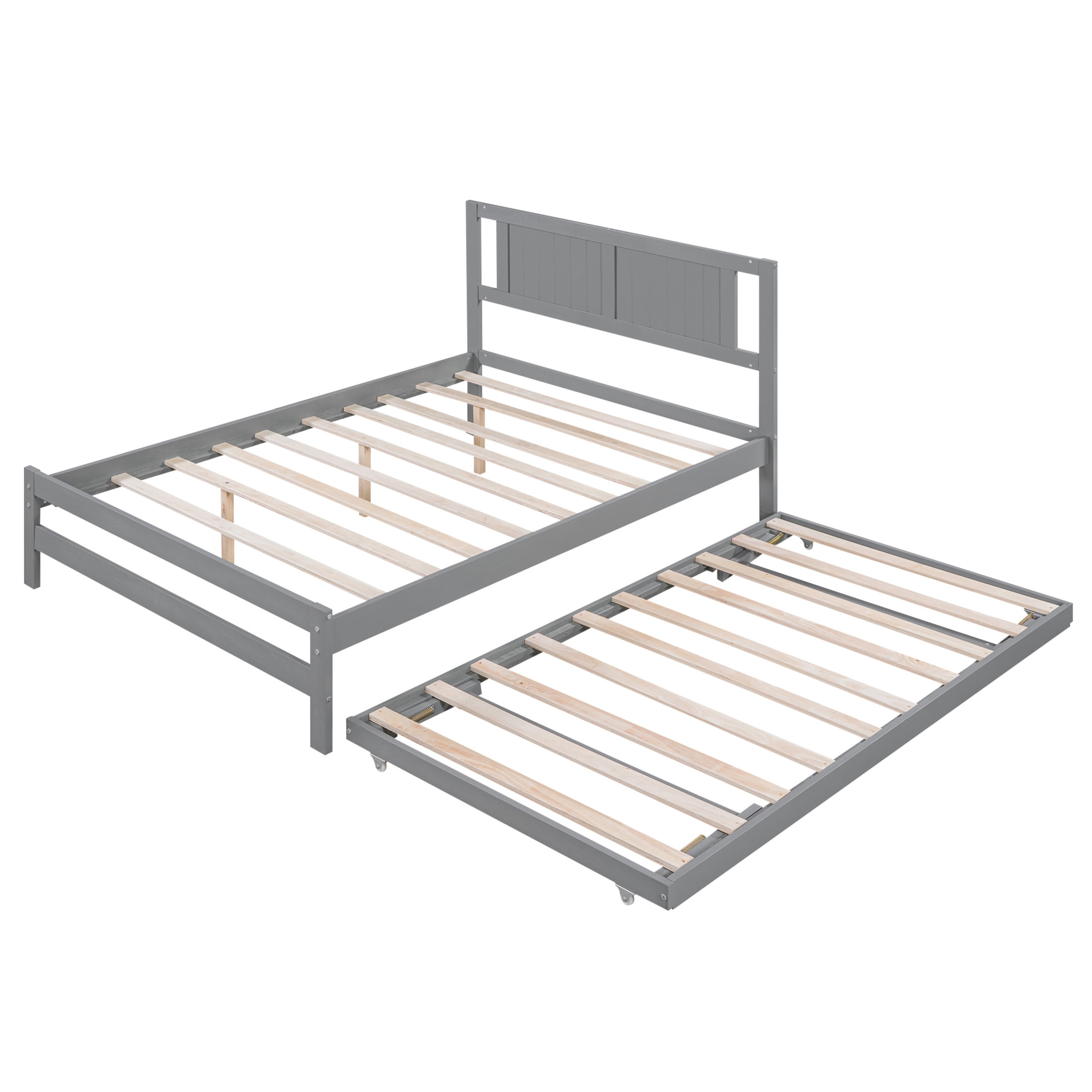 Noble House Rhea Full Size Platform Bed with Pop Up Adjustable Trundle, Solid Pine Wood Frame, Heavy Duty, Gray