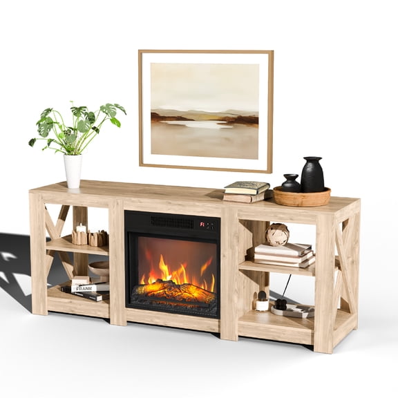 58“ Inch Farmhouse TV Stand with 18" Electric Fireplace with Convertible colors, Entertainment Center with Storage Cabinetsfor TVs up to 70", Media Console for Living Room & Bedroom