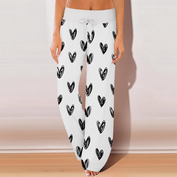 Womens Valentines Day Pajama Pants Heart Print Soft Lounge Pants Drawstring Jogger Wide Leg Athletic Pants