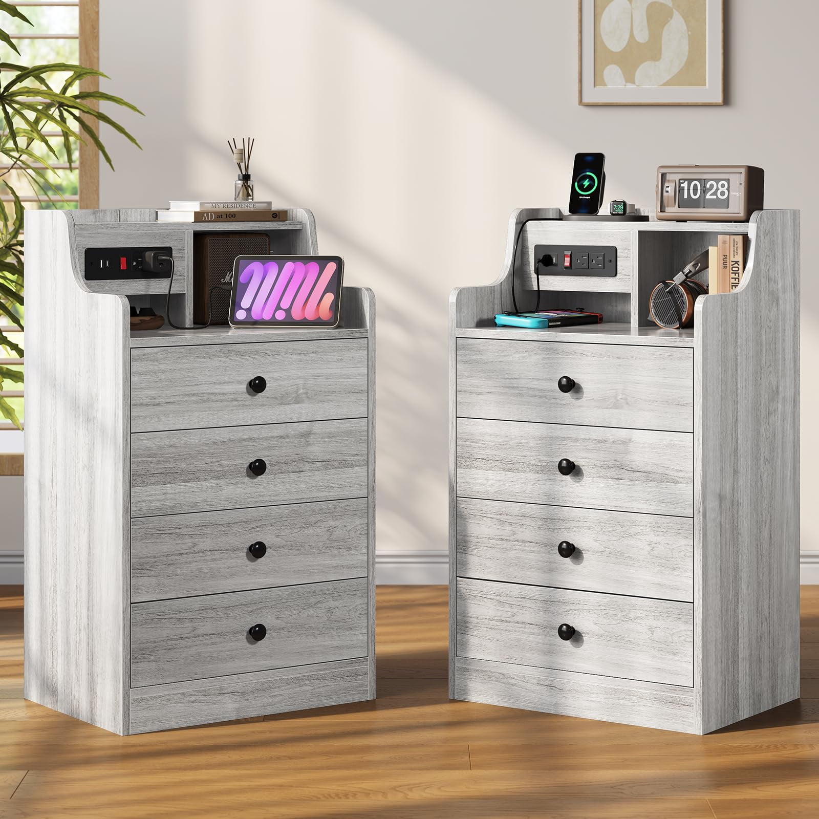 Afuhokles Nightstand with Charging Station, Bedside Table with 4 Drawers,End Table with Hutch, Gray