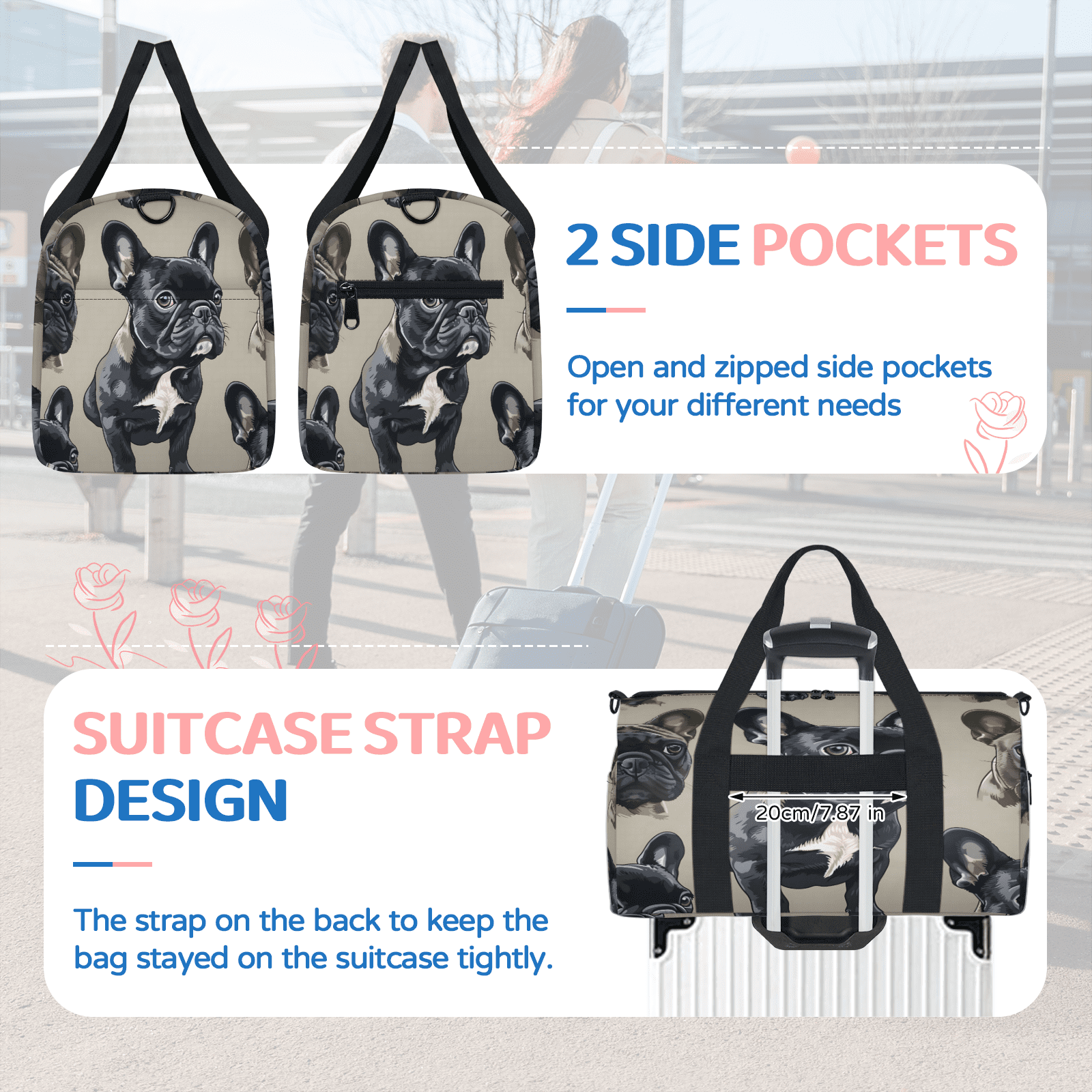 Herdesigns French Bulldog Gym Bag for Women, Duffle Bag for Travel Sport, Lightweight Waterproof Carry on Weekender Overnight Dance Yoga Workout Bags