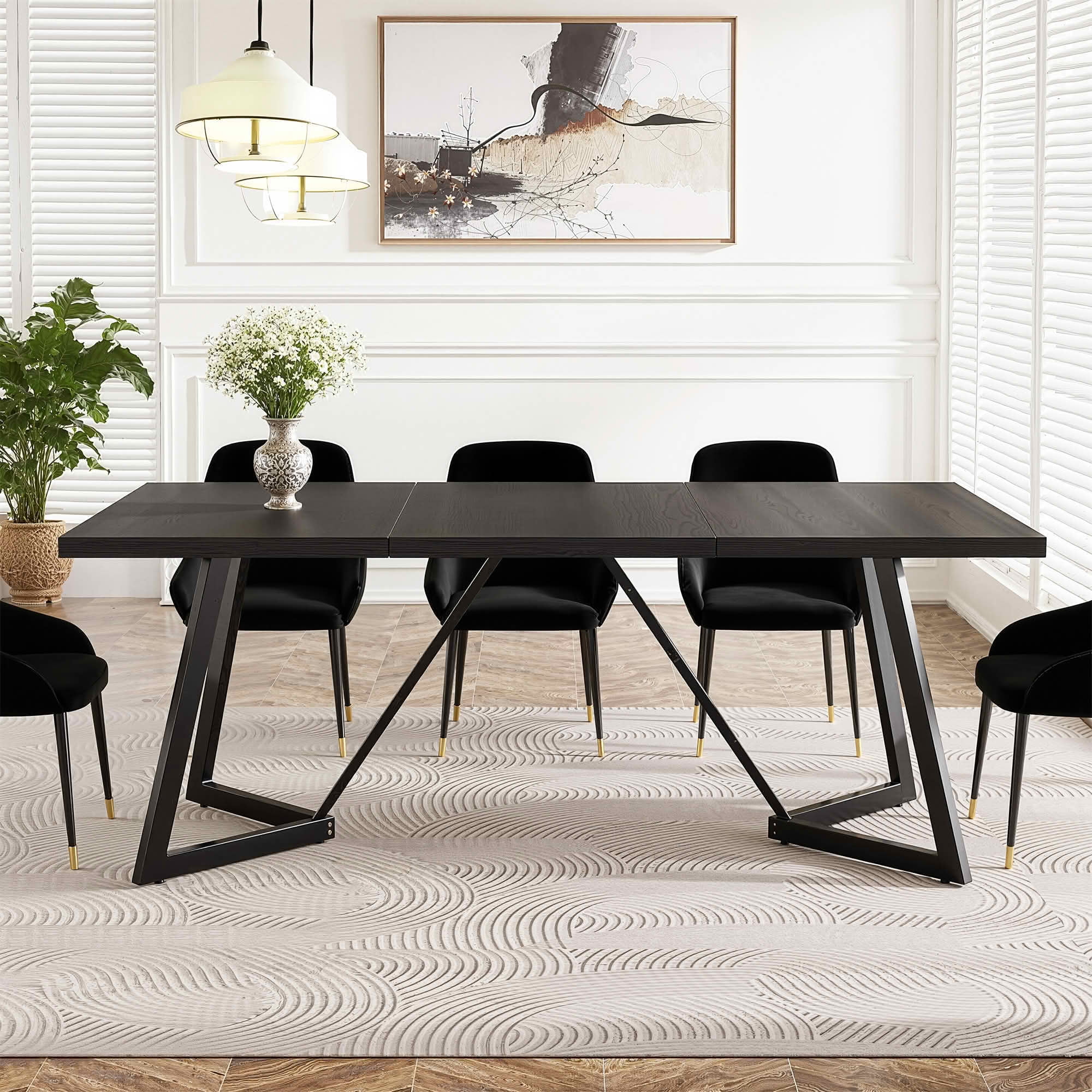 MAYEERTY 70.8 Inch Black Brown Wood Grain Dining Table, MDF Metal Leg Rectangular Table Seats 6-8 Home Café Office