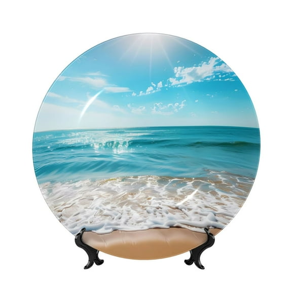 Honeii Sunny Ocean Waves Print Elegant Bone China Decorative Plate, Porcelain Plate,Art Crafts,Ceramic Ornaments for Home Office Wall Decor-6in