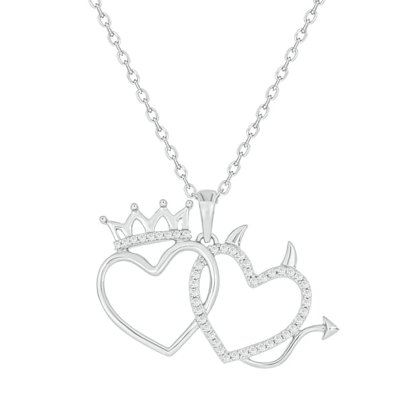 Cali Trove Diamond Double Heart Pendant Necklace for Women 1/10 Ct Natural Diamonds Crown and Devil Horn Design Sterling Silver Gift for Her