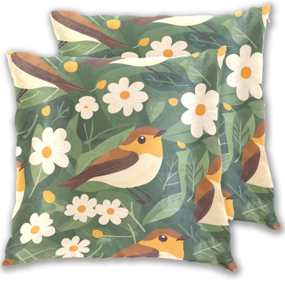 Birds Among Flowers 16x16in 2-Piece Cotton Fleece Throw Pillow Covers, Shrink Resistant, Hidden Zip