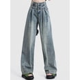 thumbnail image 5 of Vaqueros plisados coreanos para mujer, pantalones de pierna ancha lavados de cintura alta, holgados, Retro, azul claro, 2024, 5 of 5