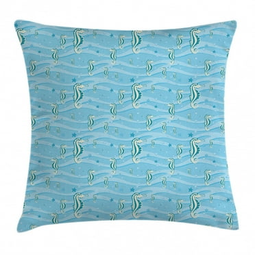 Animal Decor Throw Pillow Cushion Cover, Cartoon like Seahorses for Kids Nursery Baby Girls Boys Childish Playroom Nautilus, Decorative Square Accent Pillow Case, 16 X 16 Inches, Blue, by Ambesonne