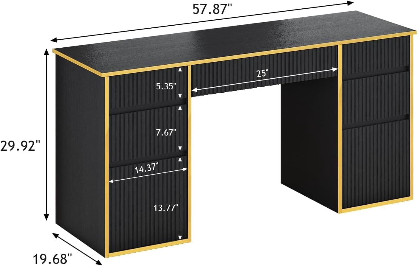 DreamCurship 58 inch Executive Desk with Drawers, Computer Desk with 7 Drawers, Home Office Desk for Work Study Writing, Black and Gold