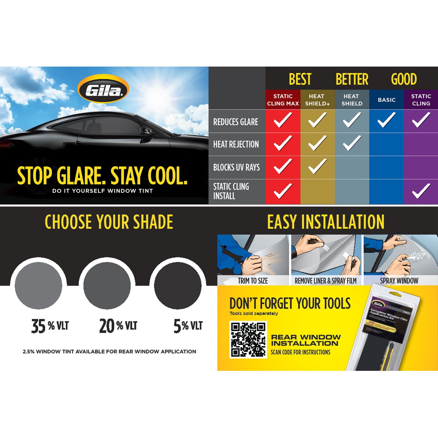 Gila Static Cling 5 VLT Automotive Window Tint DIY Easy Install Glare