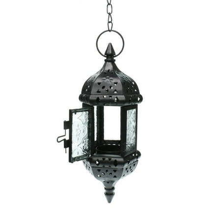 1Pc Hanging Candle Lantern Retro Moroccan Candle Holder Hollow Metal Glass Candle Holder Lantern with 15.7" Hanging Chain for Home Patio Christmas Decorations (Black)