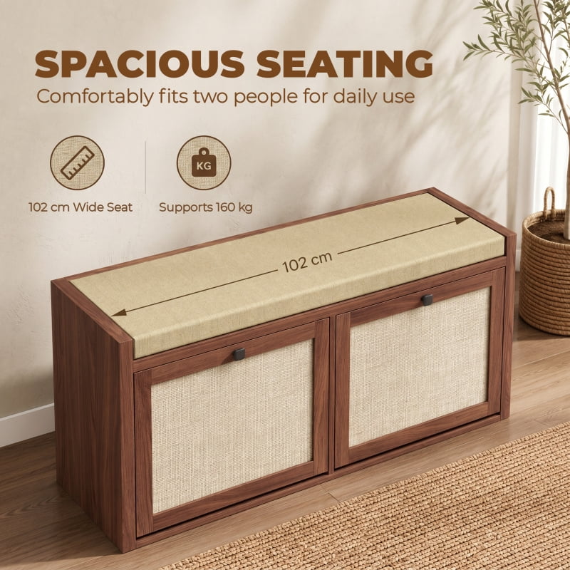 Alvantor Shoe Storage Bench with Rattan Doors & Padded Seat for Entryway 42.5"x13.8"x19.7" Brown