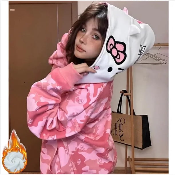 Sanrio Hello Kitty Zipper Cardigan Hoodie Y2K Cartoon Camouflage Blouse Sweatshirts Autumn Long Sleeve Sweater Jacket For Female