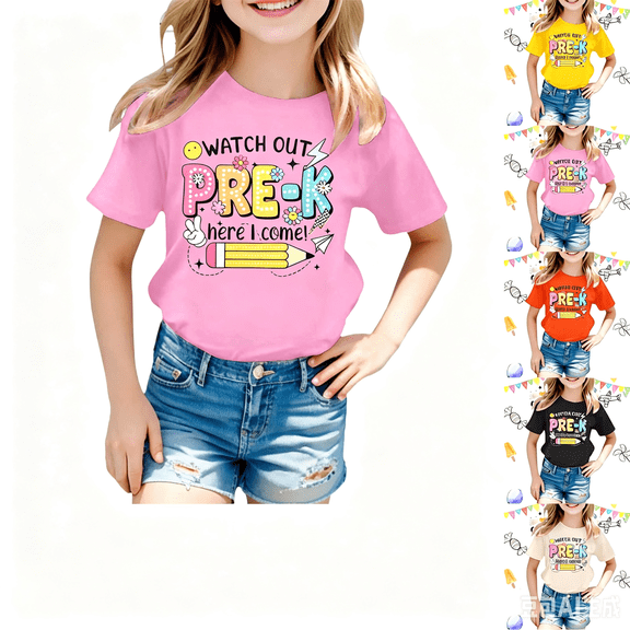 LRen Shirts for Girls Size 6,Back To School Clothes Graphic Print Summer Casual School Uniform Preppy Short-Sleeve T-Shirt