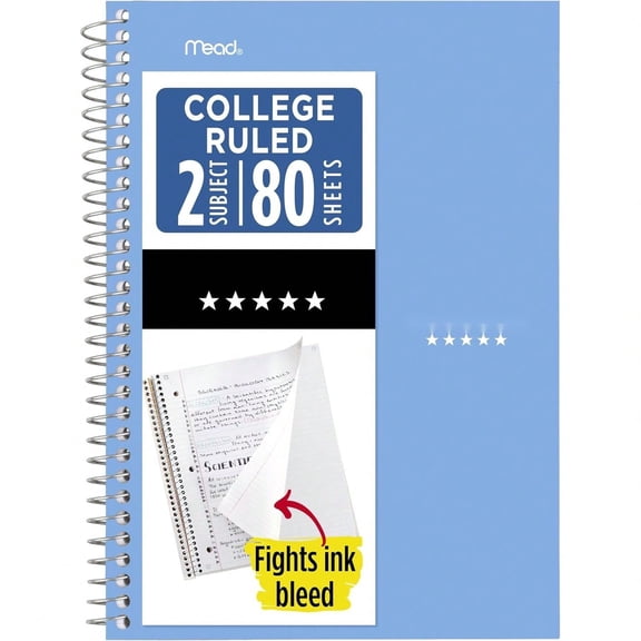 Spiral Notebook, 2 Subject, College Ruled Paper, 6" x 9.5", 80 Sheets, Blue (840029CG1) - Pack of 1