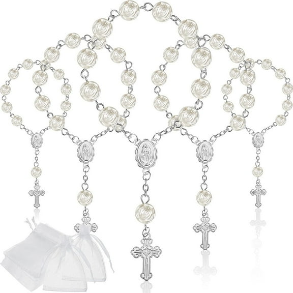 30 Pieces Mini Rosaries Baptism Rosary Beads Acrylic Ivory Color Finger Baptism Rosaries Faux Pearls with Organza Bags for Christening Weddings Party Favors