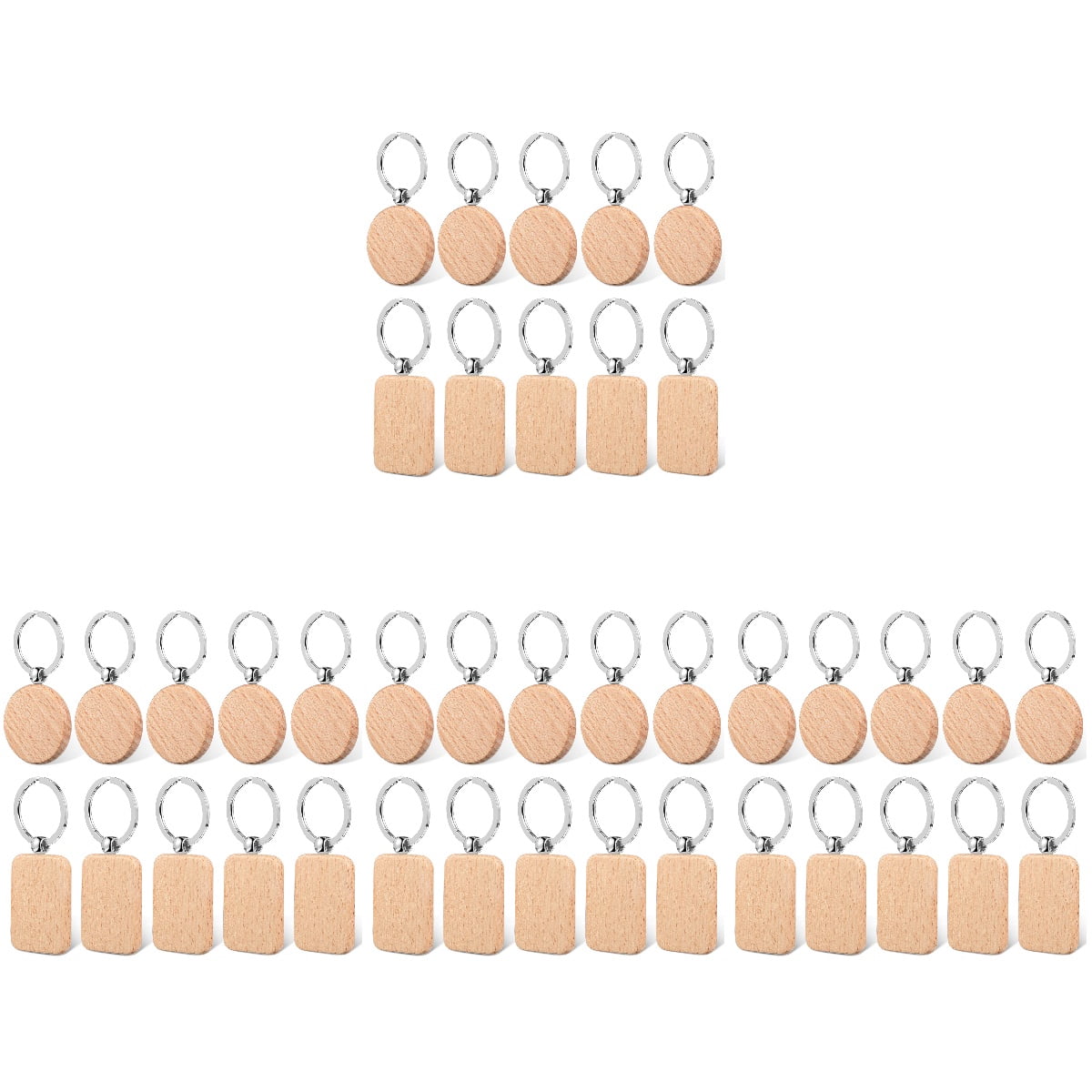 MLINS 40 Pcs Blank Wooden Key Tag Keychains Rectangle and Round Shape Wood Pendant Keyrings
