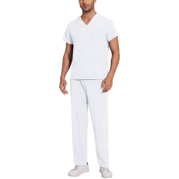 Solid Color Scrubs for Men Set - V-Neck Short Sleeve Top and Pants Nurse Uniform with Multi Pockets