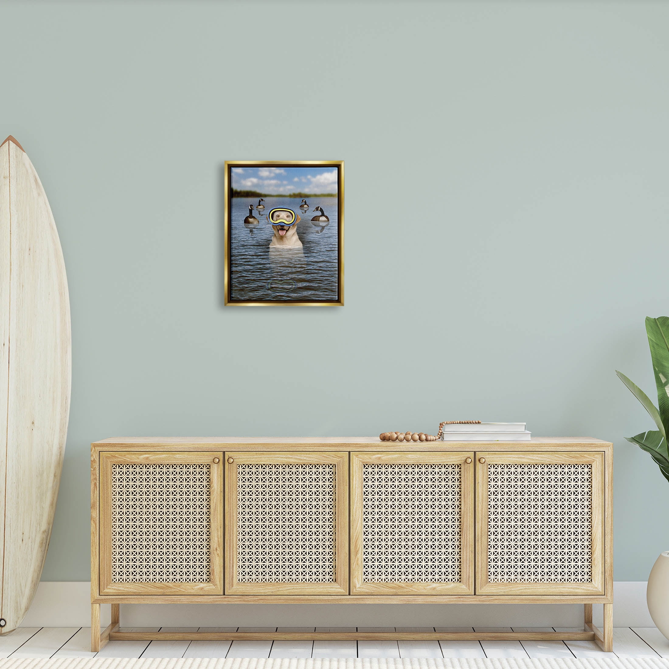 Funny Dog Goggles Swimming Bay Animals & Insects Graphic Art Metallic Gold Framed Art Print Wall Art