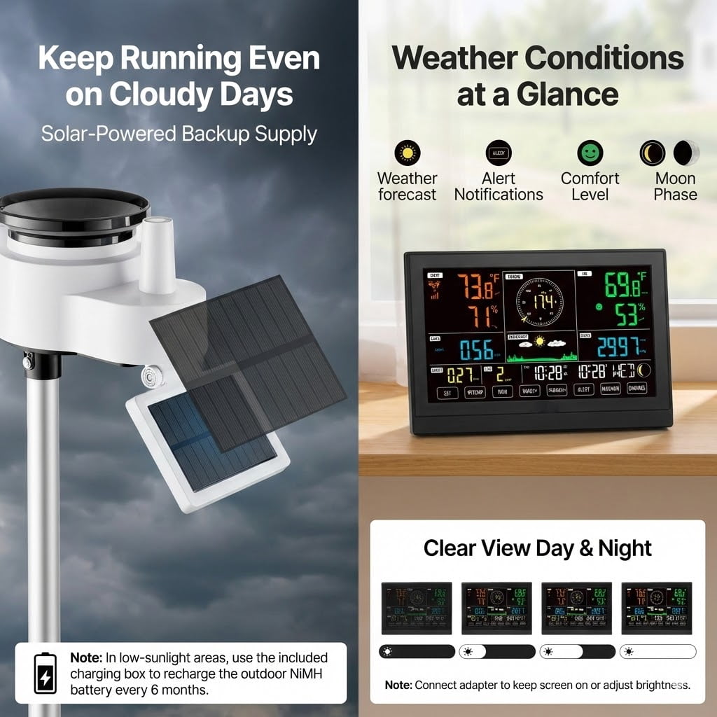 7-in-1 Wi-Fi Weather Station with APP, 7.5-Inch VA Display, Wireless Solar Powered Outdoor Sensor, Rain Gauge, Indoor Outdoor for Weather Forecast, Wind Speed, Temperature, Humidity, Rainfall