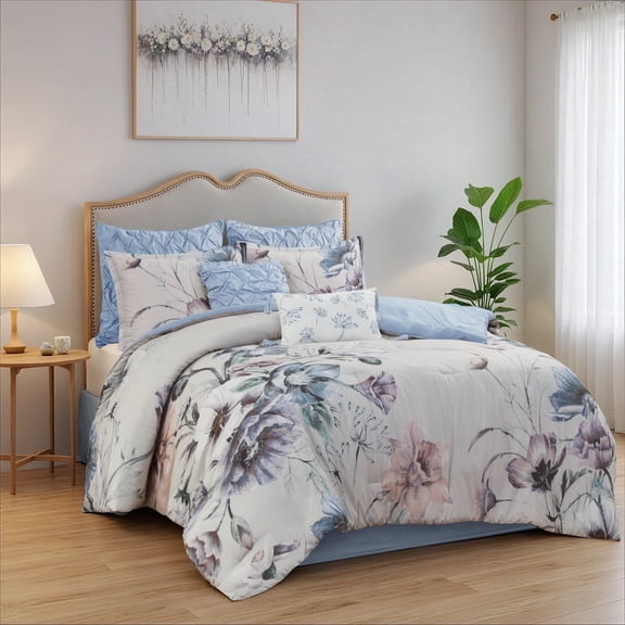 Madison Park King Size 8 Piece Cotton Printed Comforter Set Blue,Bed in a Bag,All Season Bed Set,Cozy and Lightweight