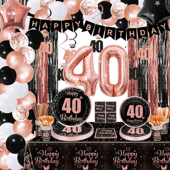 40th Birthday Decorations - Black and Rose Gold Party Decorations, Balloons, Banner, Plates, Napkins, Cups, Tableware, Tablecloth, 40th Birthday Party Supplies for Women, Serve 20