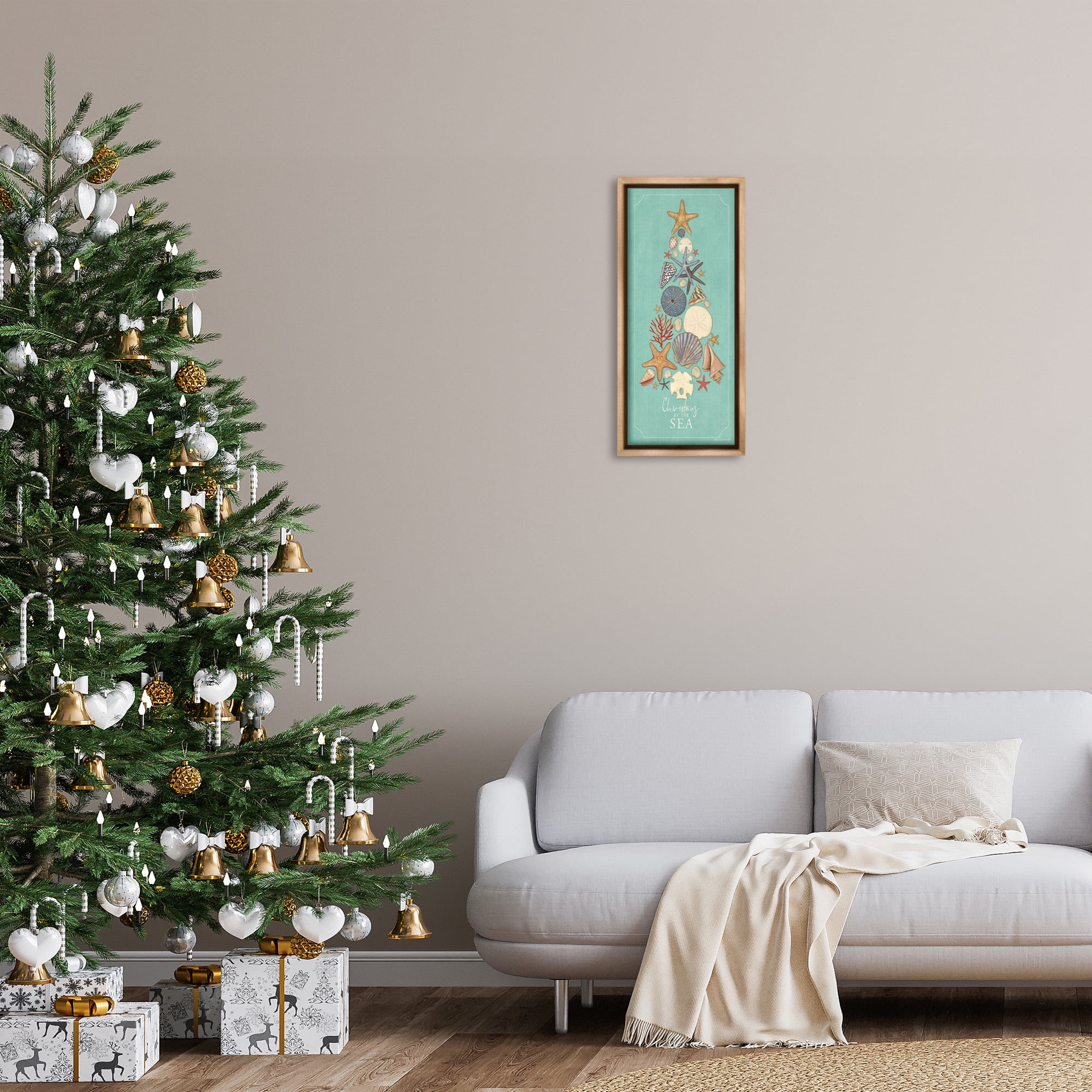 Stupell Industries Seashell Holiday Tree Holiday Painting Brown Floater Framed Canvas Art Print Wall Art, 11 x 25