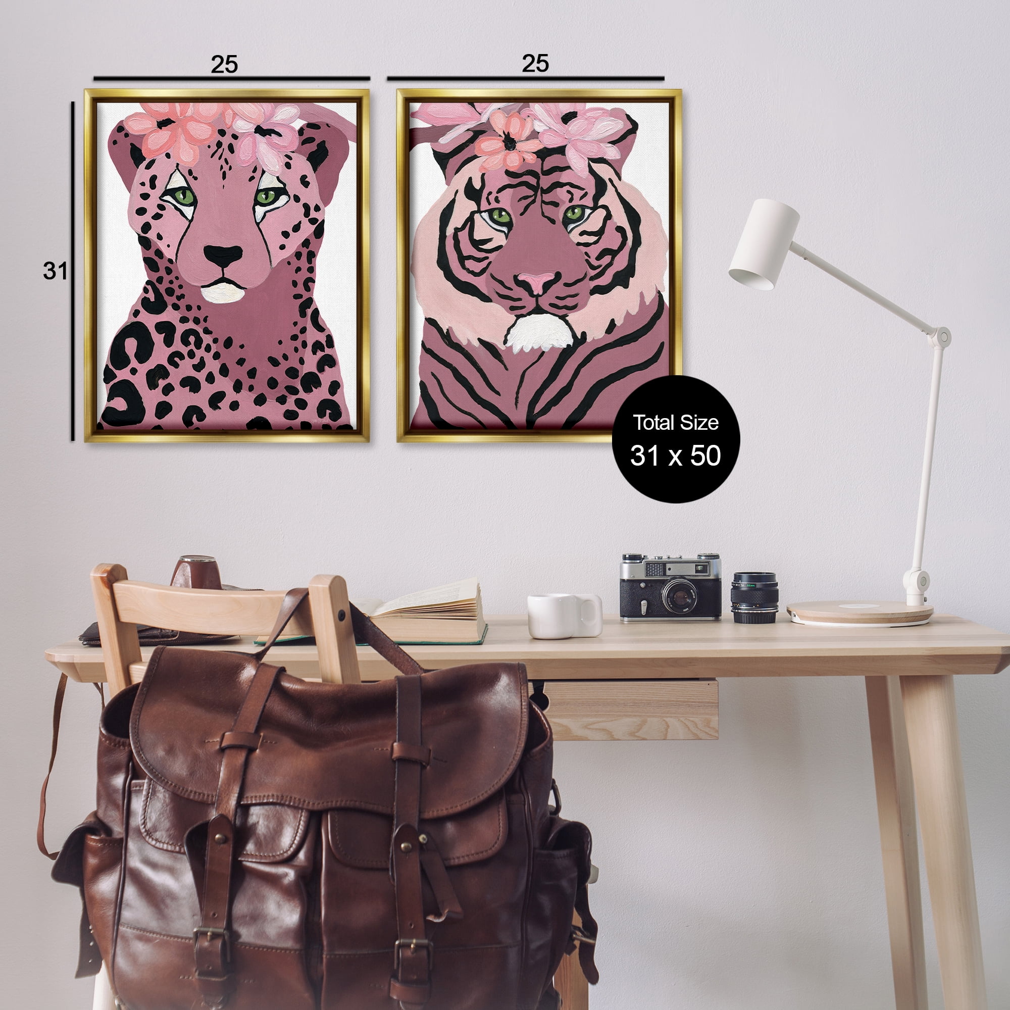Stupell Industries Floral Cheetah Tiger Animals Painting Gold Floater Framed Canvas Art Print Wall Art, 31 x 25, Set of 2